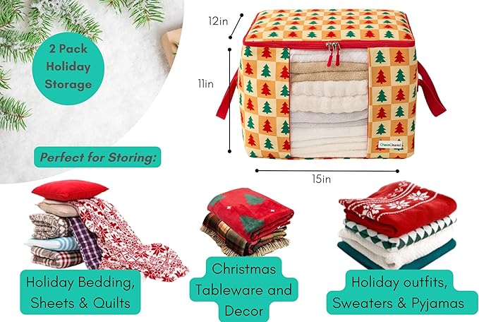 Designer Christmas Canvas Clothing Storage Bags 2 Pack Clothes Organizer bags for sweaters, clothing, garments, quilt, linens, large folding organizers with zip & window, moth proof space saver