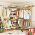 ONBRILL L4 Wall Mounted Industrial Pipe Clothing Rack, Closet Organizer System with 6 Hanging Clothes Rods ( 4 Expandable Rods) & 8 Shelves, Heavy Duty Corner Garment Rack, Large Wardrobe - Gold