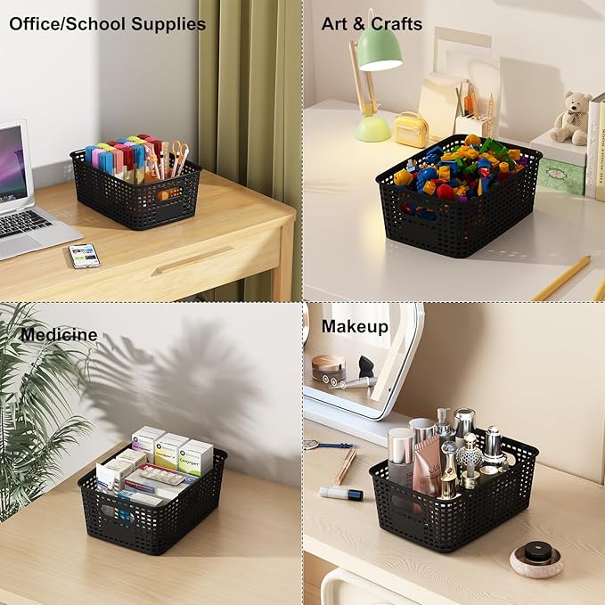 Black Plastic Storage Baskets with Lids 10 Pack Stackable Storage Bins Containers for Shelves Organizing, Cute Decorative Storage Boxes for Classroom, Playroom, Closet, Pantry