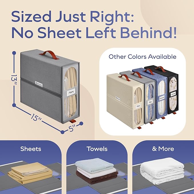 4x Bed Sheet Organizer Storage Boxes with Big See-Through Windows - Bedsheet Organizers Redesigned. Robust Bed Sheet Storage -15x13x5 Inches Sheet Organizers Containers (Gray)