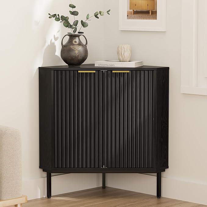 Fluted Corner Cabinet, Modern Small Corner Floor Cabinet with 2 Doors and 2-Tier Shelves, Freestanding Narrow Organizer for Living Room Kitchen Bathroom, Black