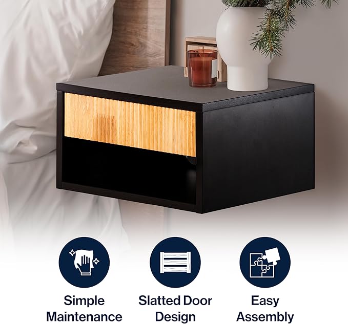 JONATHAN Y NST2001A Elise 15.71" Classic Contemporary Floating Wall Mounted Nightstand with Soft-Close Tambour Drawer and Cable Hole, Black/Light Oak