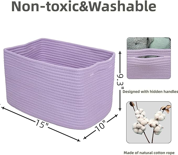 Cotton Rope storage Basket Bins Woven Basket for Organizing Shelves 15X10X9.3" Rectangle Decorative Baskets For storage Clothes Toys Books Towels Nursery basket organizer 3 pack purple or lavender