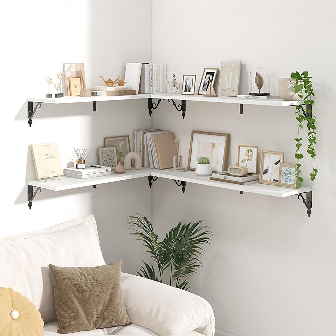 White Floating Shelves for Wall, 32"W x 8"D Wall Shelves, 8 Inch Deep Floating Shelf with Bracket, 32 Inch Floating shelves Set of 2, Rustic Shelves for Living Room, Bathroom and Kitchen, White