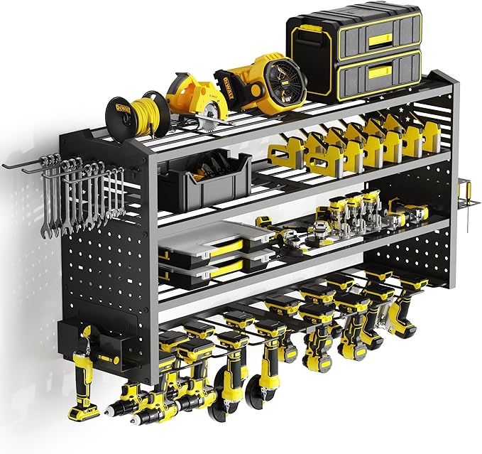 Tomorotec 4-Layer Wall-Mounted Power Tool Storage Rack, Heavy-Duty Steel Drill Organizer with Adjustable Shelves & Side Hooks for Toolbox, Easy Installation Garage & Workshop Storage (Black)