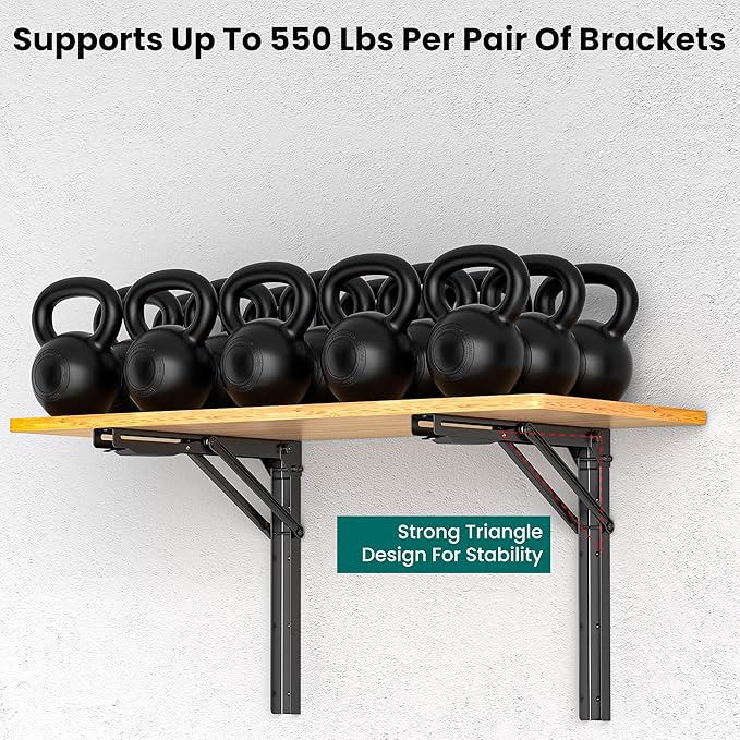 EVERHANGER 18 inch Folding Shelf Brackets for Garage, Heavy Duty Collapsible Shelf Bracket Steel Wall Mounted Table Brackets (Pack of 2, No Board)