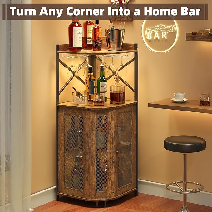 JKsmart Corner Bar Cabinet with Glass Holder,Industrial Wine Cabinet with Mesh Door,4-Tier Wine Cabinet with Open Shelf,Farmhouse Home Bar for Liquor and Wine Storage,Rustic Brown