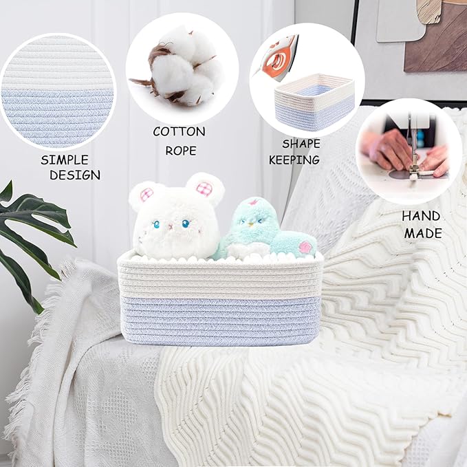COMFY-HOMI 13" x 8.5" x 5.1" Storage Baskets for Organizing | Cotton Rope Woven Basket | Toy Storage Bin Box | Basket for Shelves, Closet Organizer Bin, Decorative Closet Shelf, 1 Pack, All bule