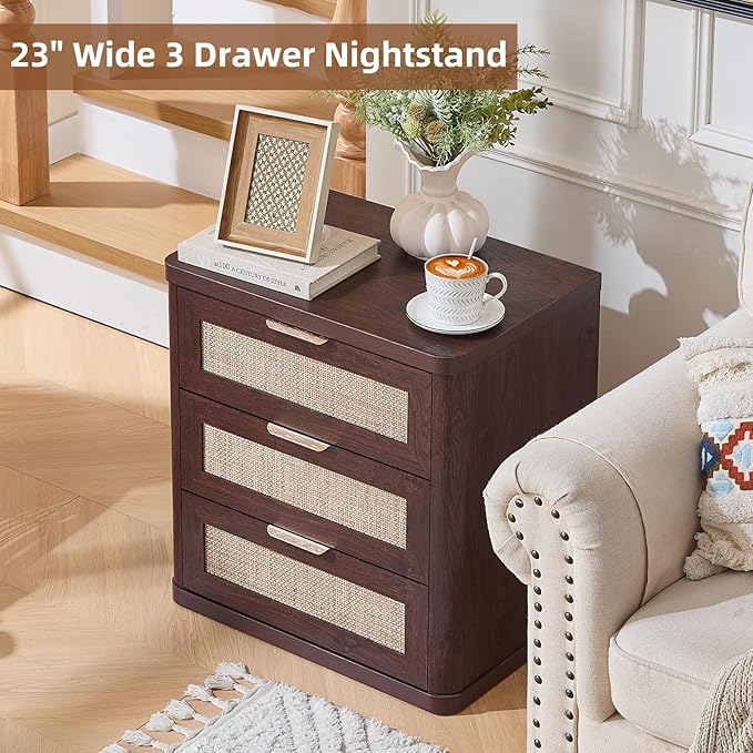 LEYAOYAO Rattan Night Stand Set of 2 with Drawers, 23" Large 3 Drawer Boho Nightstand, Walnut Bedside Table Storage Cabinet, Bed Side End Tables Dresser for Bedroom, Living Room, Hallway, Closet
