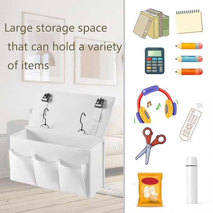 Bedside Caddy Bedside Storage Organizer,Bed Caddy With Thickened Material Suitable for Homes, Dormitories, Hospitals, Cribs, RVs，Great for Magazines,Books,Remote, Phone (white)