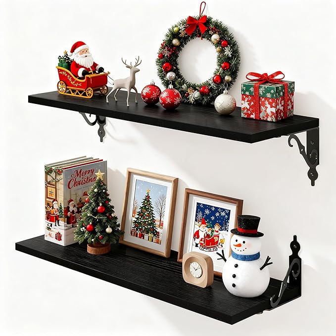 Floating Shelves for Wall, 24"W x 8"D Wall Shelves, 8 Inch Deep Floating Shelf with Bracket, 24 Inch Floating Shelves for Living Room and Bathroom, Display & Storage Shelves, Black, Set of 2