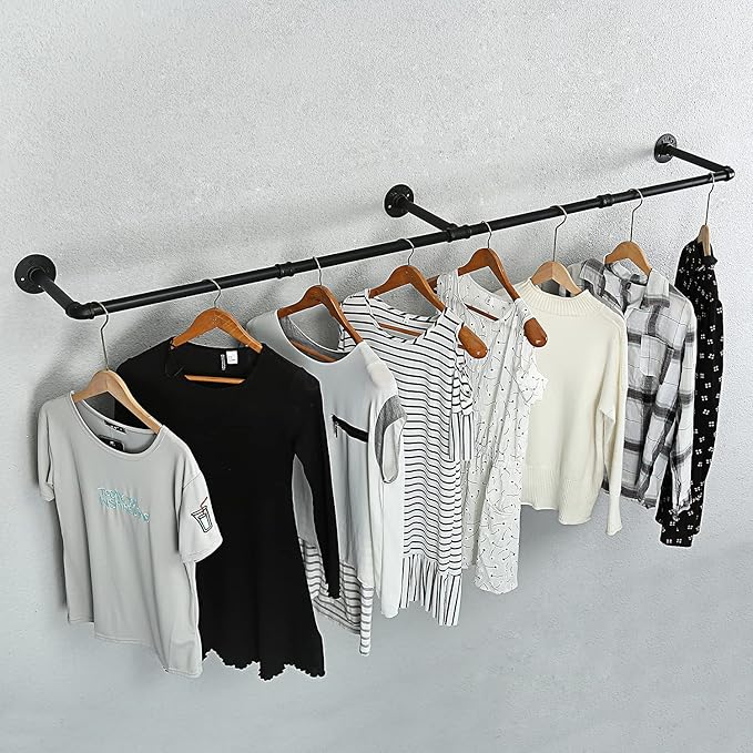 Industrial Pipe Clothes Rack, Heavy Duty 60inch Iron Garment Rack Wall Mounted, Metal Rustic Saving Space Clothes Bar Multi-Purpose Hanging Rod for Bedroom,Closet,Laundry Room and Plants hanging