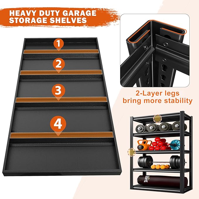 REIBII Garage Shelving Heavy Duty 2500LBS Storage Shelves 40" W Garage Shelves Heavy Duty Shelving Metal Shelves for Warehouse, Basement, Pantry, 40" W x 17.7" D x 72.2" H, 2Pack