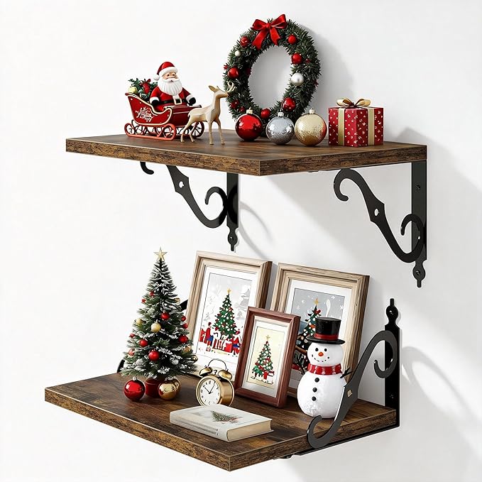 16 Inch Deep Floating Shelves for Wall, 12 Inch Deep Floating Shelf with Bracket, Wall Shelves 16 Inches Long, Wide Display & Storage Shelves for Living Room, Bathroom, Bedroom, Rustic Brown, Set of 2