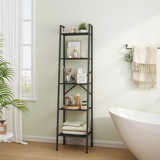 Hoctieon 5-Tier Industrial Ladder Bookshelf, Narrow Ladder Shelf, Tall Standing Bookshelf, Skinny Open Ladder Shelf, for Living Room, Home Office, Kitchen, Bedroom, Metal Frame, Black