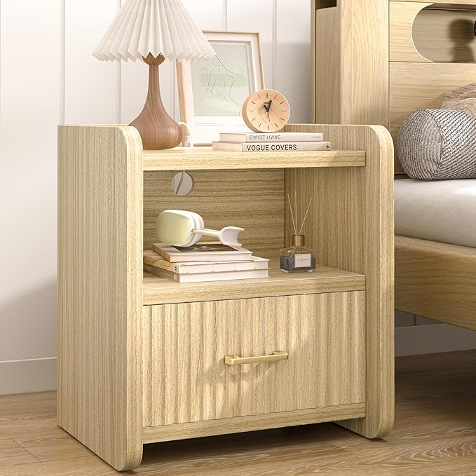 Night Stand with Charger Station, Fluted Nightstands Set of 2 with Drawer, Modern Bedside Table Set of 2, Wide Nightstands for Bedroom, Mid Century Wooden Night Stands for Home Sofa Couch