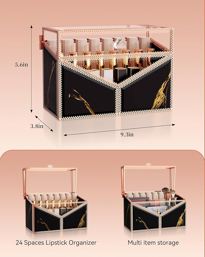 Lipstick Organizer Lipstick Holder - 24 Spaces, Tempered Glass Lip Gloss and Perfume Organizer,Vanity Lipstick Holder and Organizer.Black