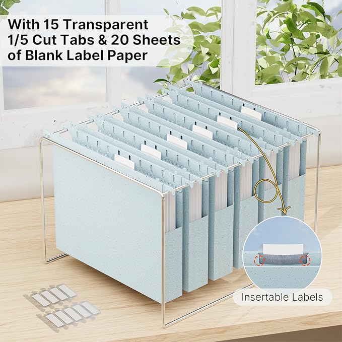 Extra Capacity Hanging File Folder Letter Size,12 Pack Heavy Duty 1 Inch Expansion Filing Cabinet Folders,Wheat Straw Plastic Hang Folder, Reinforced Hanging File Organizer(Morandi Blue)