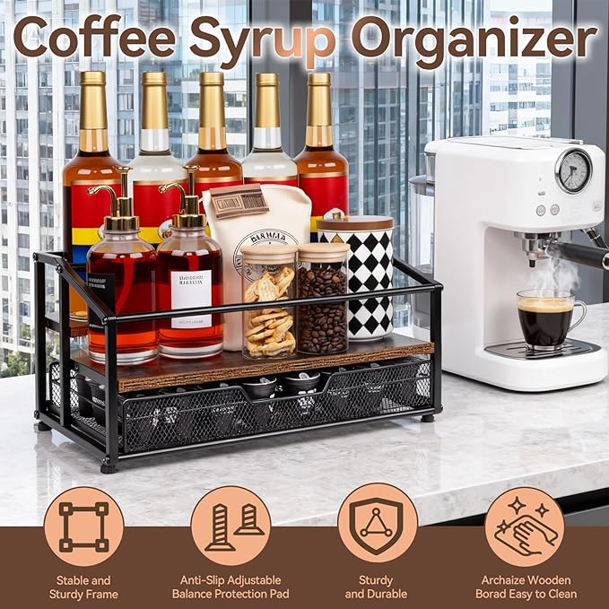 Coffee Syrup Rack Organizer, 3-Tier 10 Bottle Syrup Rack with 35 K Cup Darwer for Coffee Bar, Countertop Bottle Holder Stand for Dressing for Kitchen Cafe Station