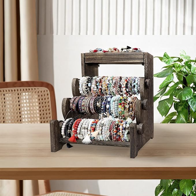LadyRosian 4 Tier Wooden Bracelet Holder, Bangle Watch Necklace Display Storage Jewelry Holder Stand Display Organizer (Brown-box)
