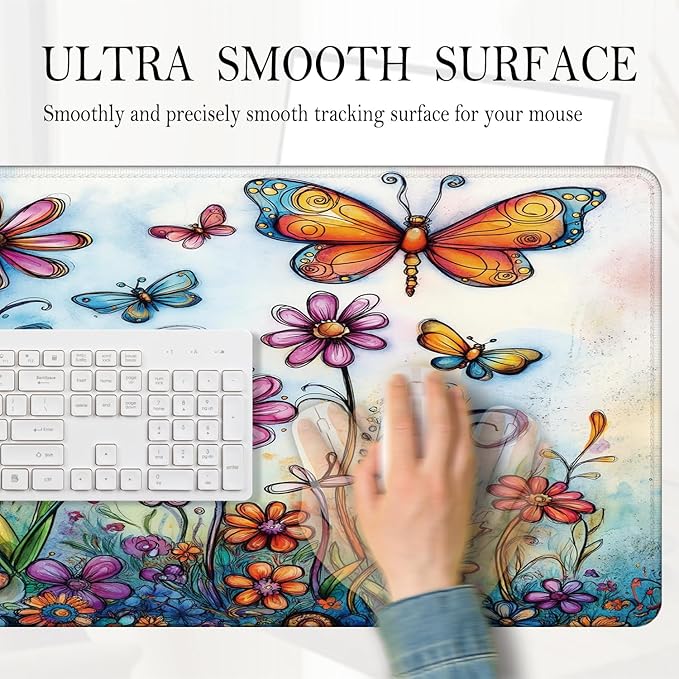 Vintage Hippie Floral Butterfly Large Mouse Pad 31.5x15.7inch, Retro Hippy Flower Butterfly Large Extended Computer Desk Mat Mousepad for Keyboard and Mouse, Flora Desk Accessories