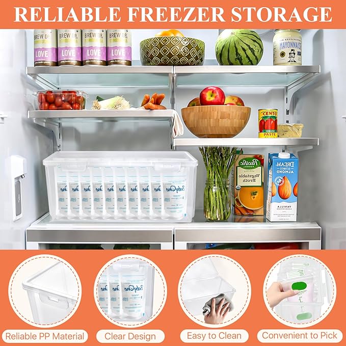 2Pcs Refrigerator Organizers and Storage, Clear Storage Tower for Breastmilk Storage Bags, PP Freezer Organizer Bins with Lid for Bottles Yogurt Storage Bags Pantry Kitchen Storage Container