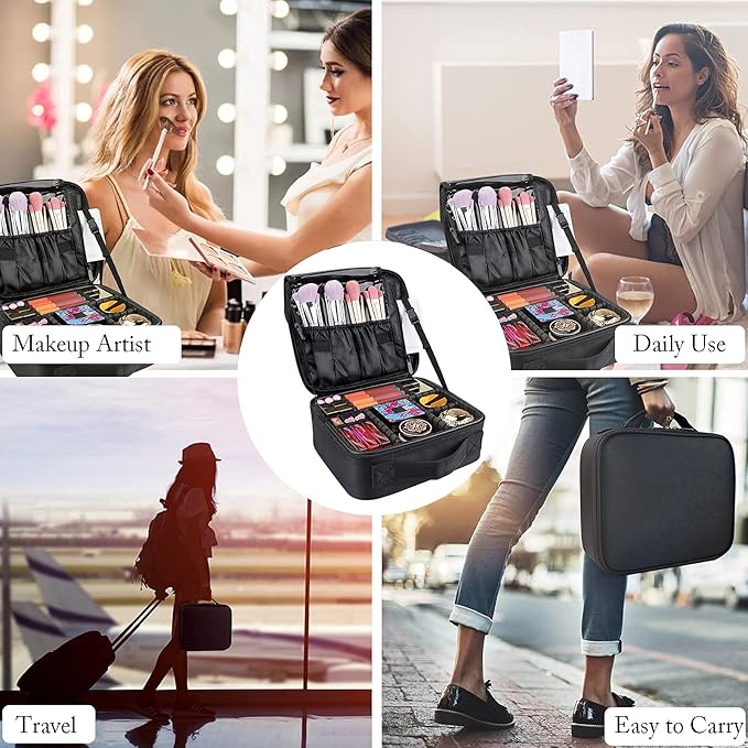 JOURMON Travel Makeup Bag, Large Capacity Cosmetic Train Case for Women Portable Pouch Open Flat Artist Brushes Toiletry Jewelry Digital Organizer Storage Bag with Adjustable Dividers