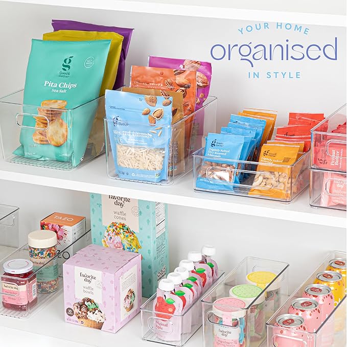primebox Plastic Food Storage 2 Pack Clear Container Bin with Handles for Organizing Kitchen, Pantry, Refrigerator, Freezer, Pantry, Cabinet, Closet, Bathroom. 10”x6”x5”