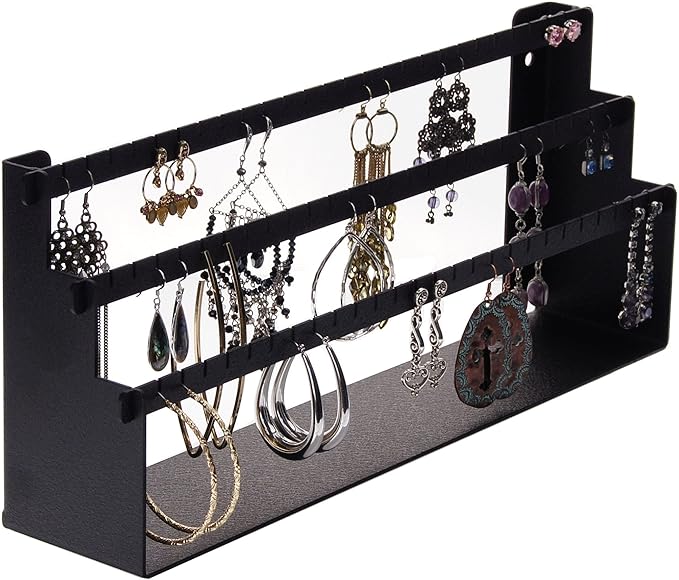 Angelynn's Freestanding or Wall Mounted Earring Holder Organizer Display for Small and Medium Post Stud Dangle Pierced Earrings, Hanging Closet Jewelry Storage Rack, Daelyn Black 6" x14 1/2"