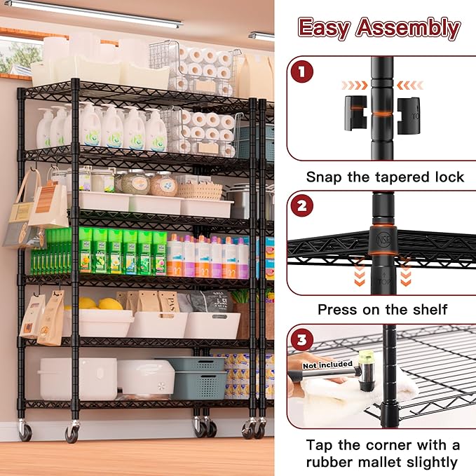 PrimeZone 6 Tier Wire Shelving with Wheels 79''H 1500lbs Storage Shelves NSF Certified Heavy Duty Steel Metal Shelf Adjustable Rolling Rack Kitchen Garage Closet Pantry Laundry 79''HX36''WX16''D 3Pcs