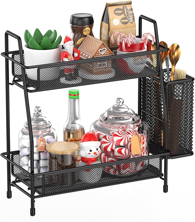 2-Tier Bathroom Counter Organizer, Bathroom Organizer Countertop with Side Basket, Kitchen Countertop Organizer, Metal Spice Rack Organizer, BLACK..
