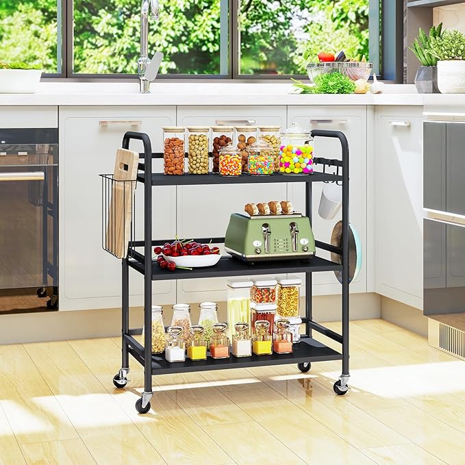 HDANI 3 Tier Metal Rolling Utility Cart,High Capacity Multi Purpose Heavy Duty Cart for Office,Kitchen,Living Room,Bedroom,Black