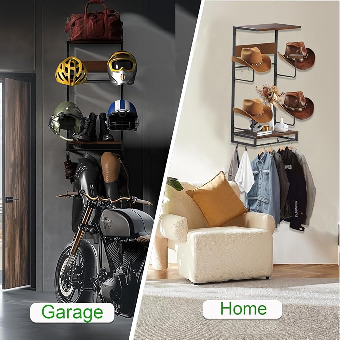 EleganceX Motorcycle Helmet Storage - Helmet Rack Wall Mount with 2 Tiers Storage Boards, 4 Hat Stands, 4 Glove Clips,5 Key Hooks Motorcycle Helmet Holder for Gear Accessories, Clothes, Gloves