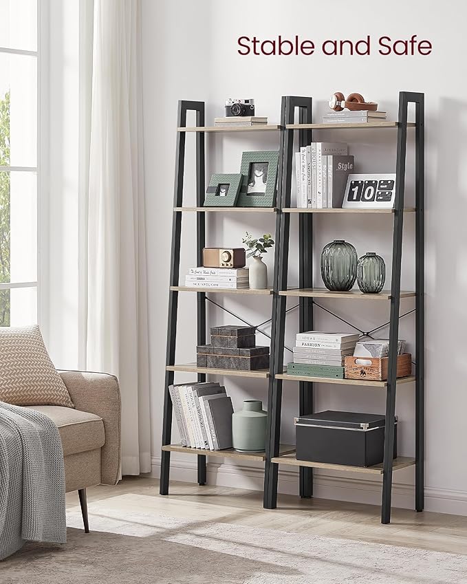 VASAGLE Ladder Shelf, 5-Tier Bookshelf, Storage Rack, Bookcase with Steel Frame, for Living Room, Home Office, Kitchen, Bedroom, Industrial Style, Camel Brown and Ink Black ULLS045B50