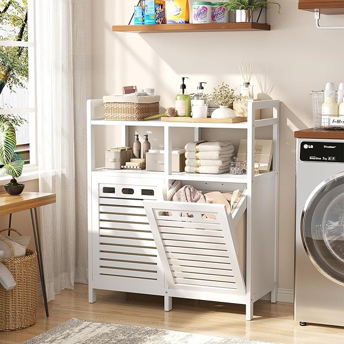 Homykic Tilt Out Laundry Hamper Cabinet, Bamboo Double Laundry Hamper with 2 Removable Laundry Baskets, 20 Gal Laundry Sorter Organizer with Shelf for Dirty Clothes, Bathroom, Laundry Room, White