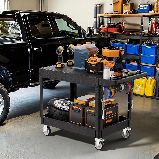 2 Tier Plastic Rolling Utility Cart on Wheels, Heavy Duty Tool Cart with Deep Shelves and 360° Swivel Wheels Holds up to 550 lbs, Service Cart for Garage, Warehouse, Cleaning (Black-L-Flat Top)
