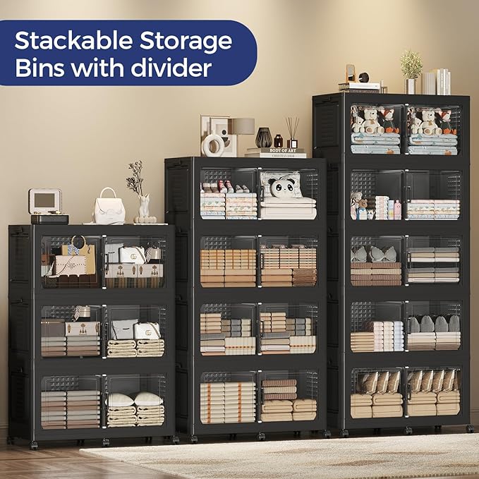150Gal Stackable Storage Bins with Lid, 600Qt Extra Large Collapsible Storage Box with Wheels, Dividers, Folding Plastic Cabinet Closet Organizers for Home Kitchen Office Dorm, 3Pack Black