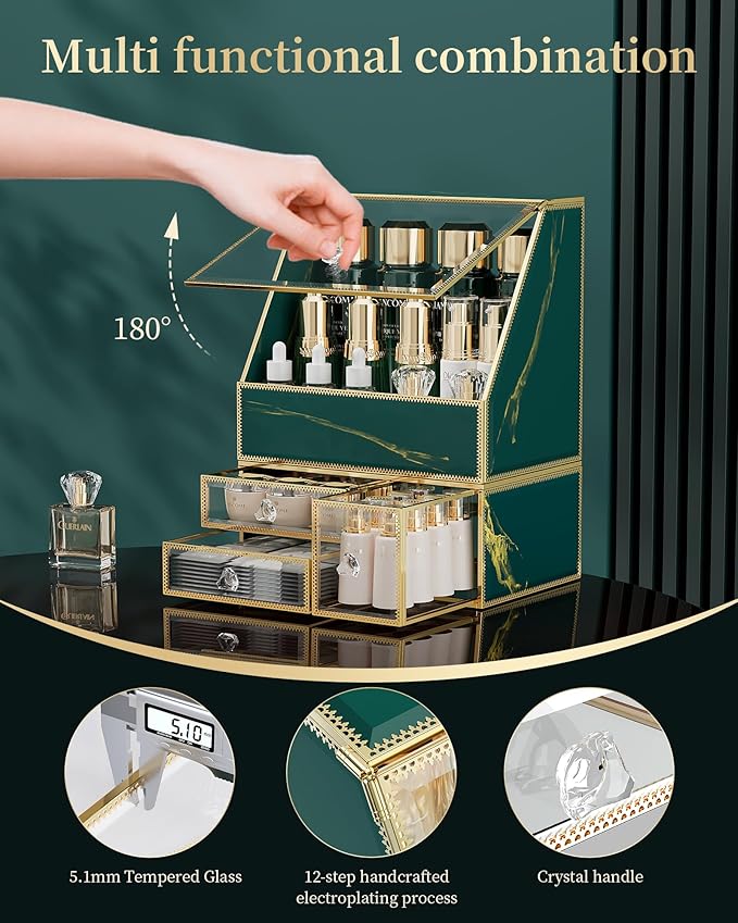 Makeup Organizer Countertop,Green Makeup Organizer with Drawer, Skincare Holder for Bathroom Countertop,Cosmetic Display Case for Dresser.