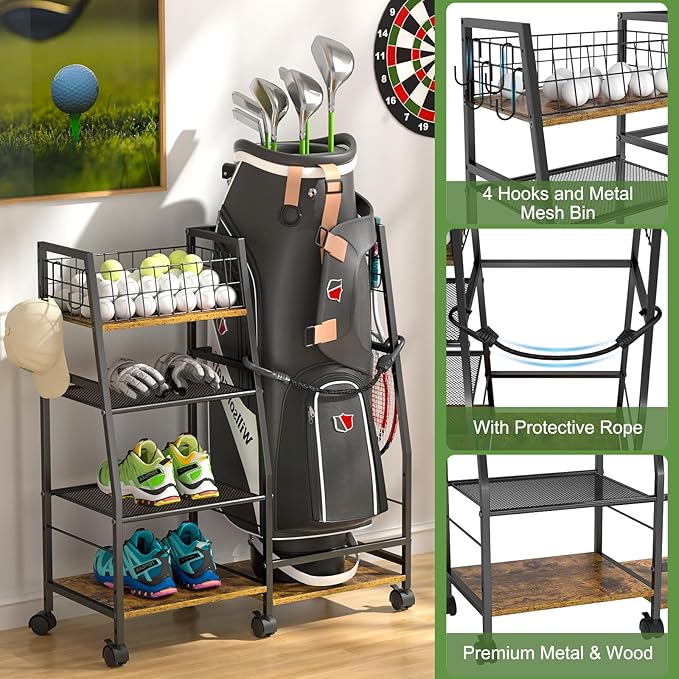 Golf Bag Garage Storage Rack with Wheels, Organizer for Single Golf Bag and Equipment Accessories, Ideal for Home, Garage, Club, Shed, Basement - Sturdy Wood and Metal Construction (Black)