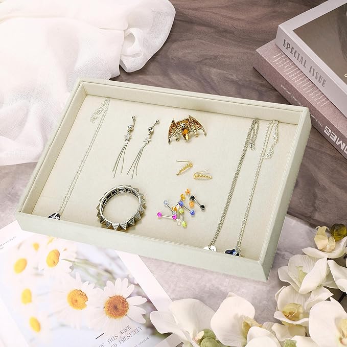 Mornajina 13.8" x 9.5" Velvet Jewelry Tray Jewelry Display Tray, Stackable Empty Plate Trays for Earrings Necklaces Bracelet Rings Display Showcase - Light Khaki