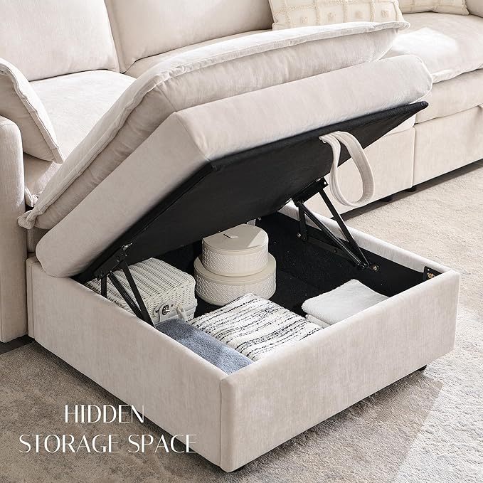 88.98" Sectional Couches for Living Room, Cloud Couch Sectional with Large Storage, L-Shape Modular Sectional Sofa with Ottoman, 4 Seater Chenille Sofa with Pillow for Apartment, Bedroom, Beige