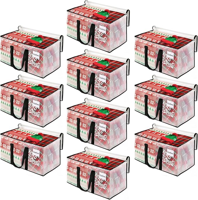 BlissTotes Moving Bags, 10-Pack Storage Bags, Moving Bags Heavy Duty Extra Large, Moving Totes, Clear moving Bags, Reinforced Handles & Tag Pocket, Christmas Totes (76L)