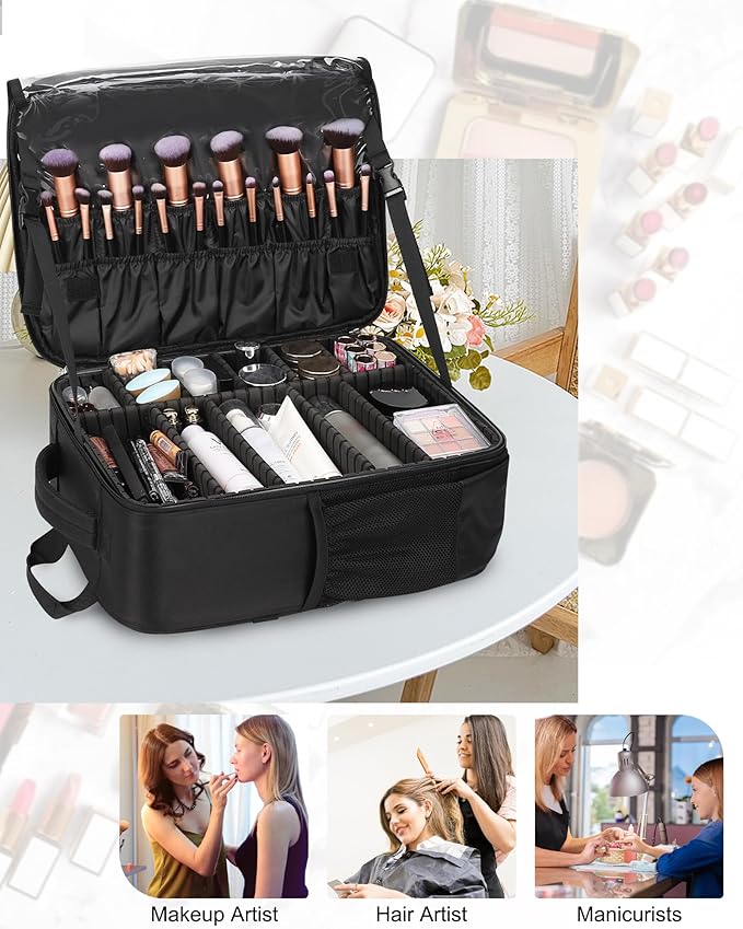 Relavel Professional Makeup Case Makeup Backpack and Clear Makeup Brush Case for Makeup Artists, Durable Water-resistant Material, with Shoulder Strap and Adjustable Dividers Black