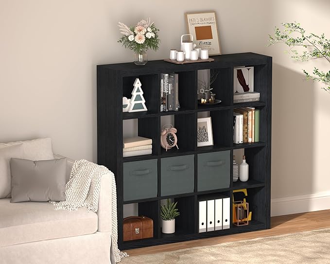 furtble Bookshelf with Storage Bins, 16-Cube Storage Organizer with Back Panels, Modern Wood Open Bookcase, Multifunctional Display Shelf for Living Room, Bedroom, Home Office, Black