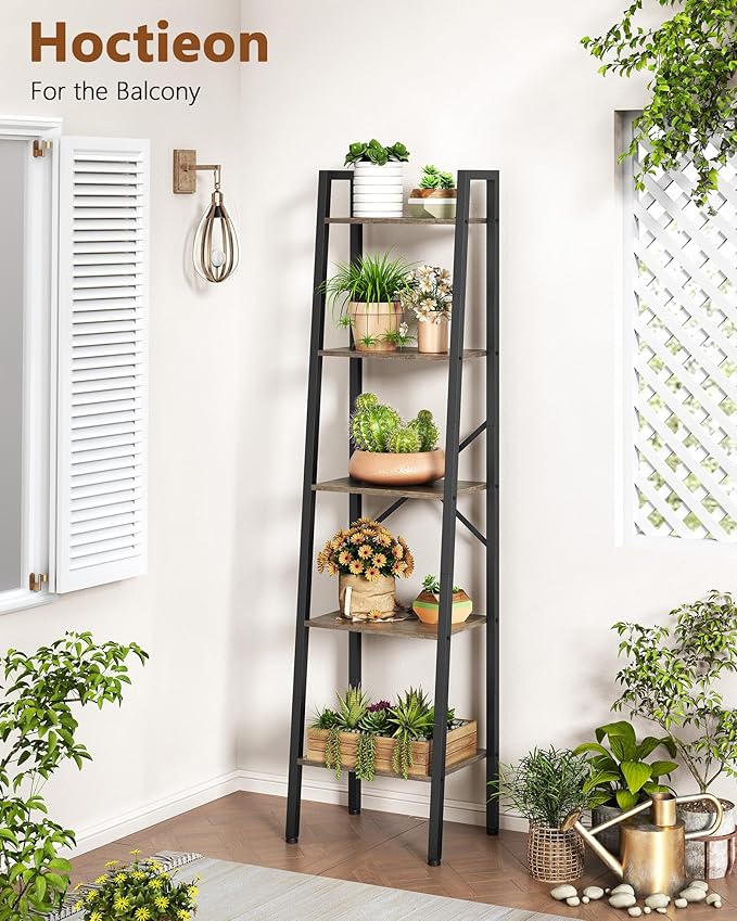 Hoctieon 5-Tier Industrial Ladder Bookshelf, Narrow Ladder Shelf, Tall Standing Bookshelf, Skinny Open Ladder Shelf, for Living Room, Home Office, Kitchen, Bedroom, Metal Frame, Greige