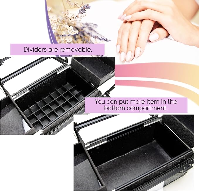 Ver Beauty Armored Acrylic Cosmetic Case Organizer Train Makeup Case with 4 Extendable Trays and Bottom Compartment Key and Lock (Black Diamond)