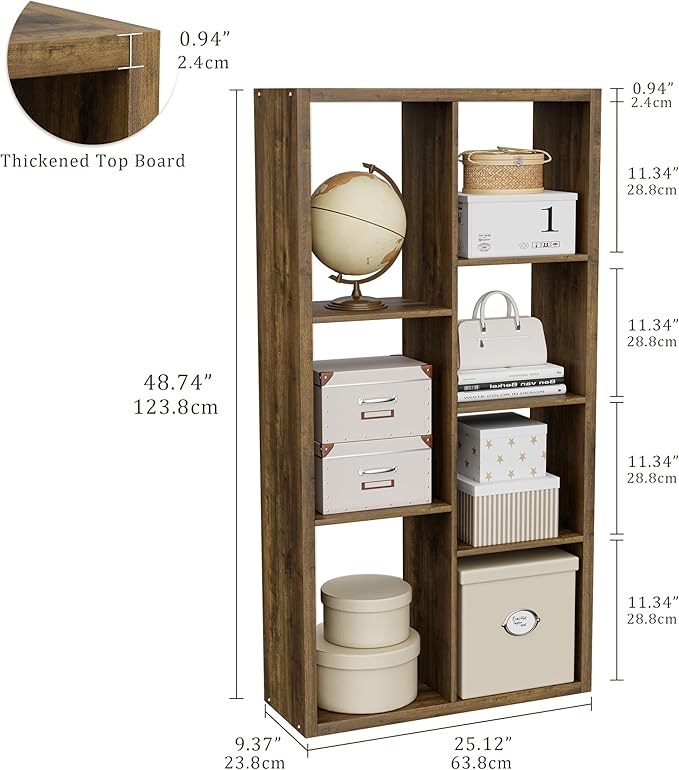 Cube Storage Organizer Bookcase, Decorative 11 inch Open Back Cubical Shelf with Thickened Border, Display Bookshelf for Living Room, Home Office, Sturdy Room (Brown, 7 Cube)
