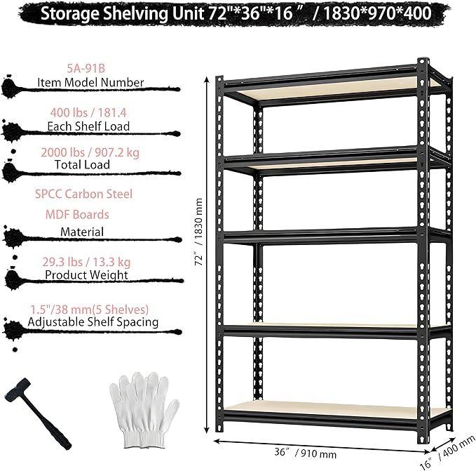 Storage Shelving Unit Heavy Duty Garage Shelves Metal Utility Rack for Kitchen Pantry Basement Pantry Warehouse Laundry Black 72" H x 36" W x 16" D 5-Tier 2000LBS