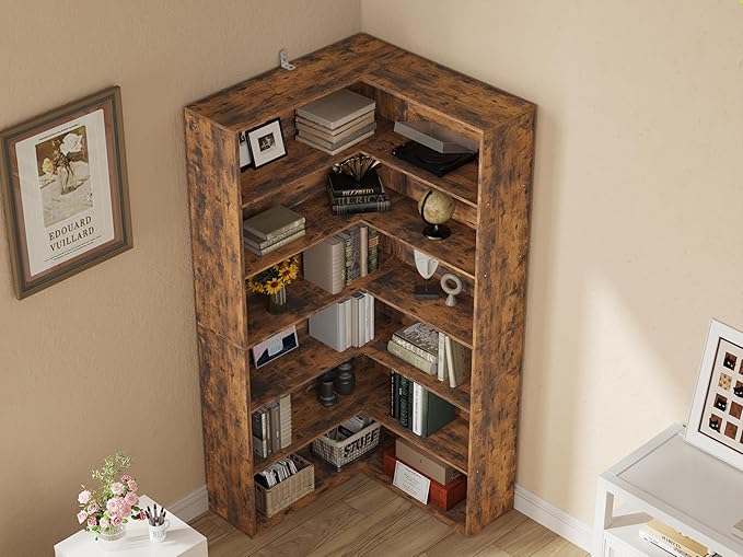 ANCTOR Corner Bookshelf, 6 Tiers Corner Bookcases with Baffles Etagere Shelf Storage Rack for Living Room Home Office, Vintage Brown
