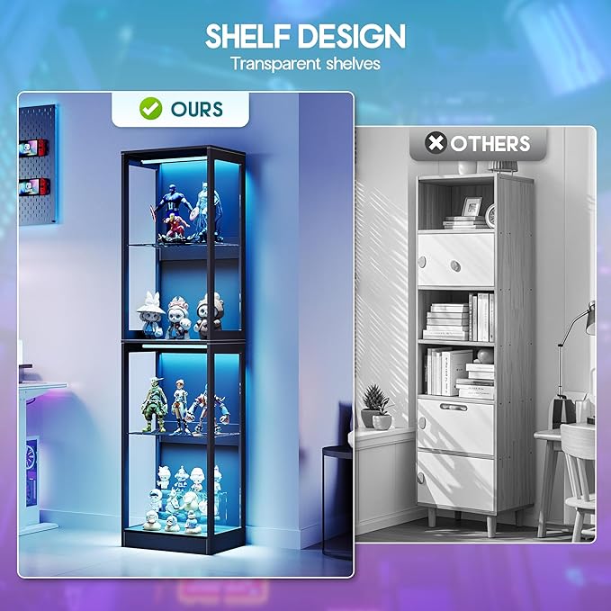 AMERLIFE RGB Display Cabinet with Adjustable Shelves, 4-Tier Storage Case with LED Lights, Modern Display Shelf for Collectibles, Black 70" H×18" L×14" D